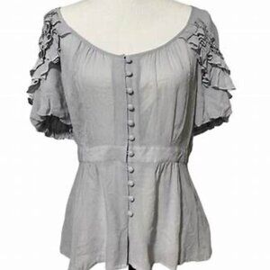 Anthropologie Floreat SZ12 Pale Gray 100% Silk Peplum Top Fairy Cottage Boho Gla
